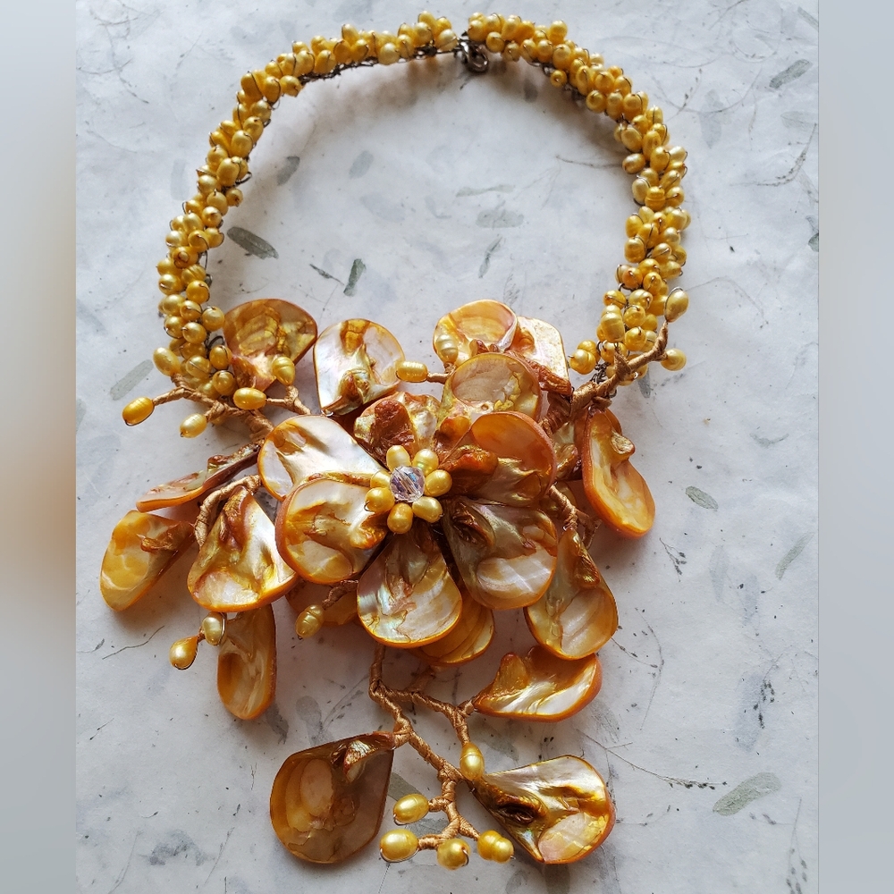 Handmade Runaway Mop & Freshwater Pearl Torsade Floral Necklace